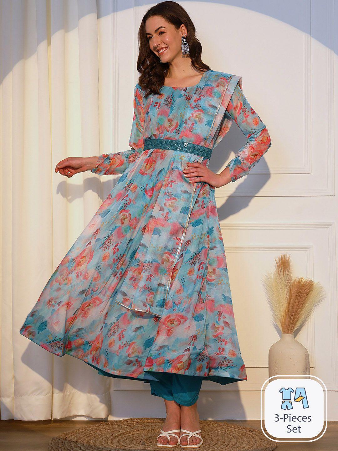 aspora women turquoise blue floral printed regular gotta patti kurta with trousers & with dupatta