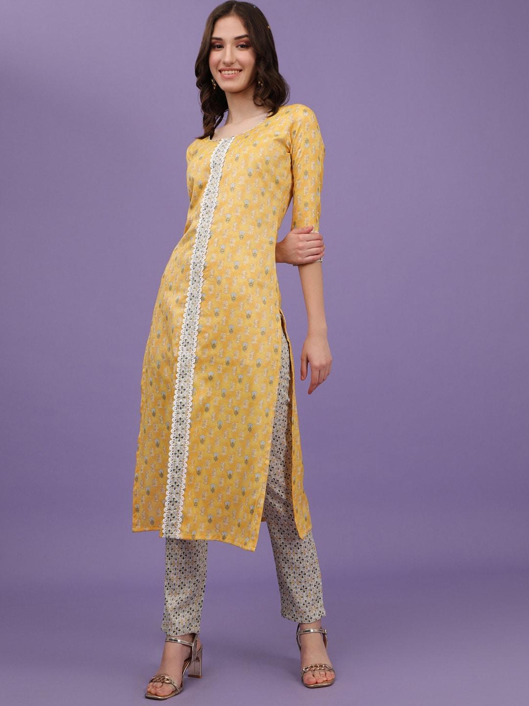 aspora women yellow floral printed kurta with trousers