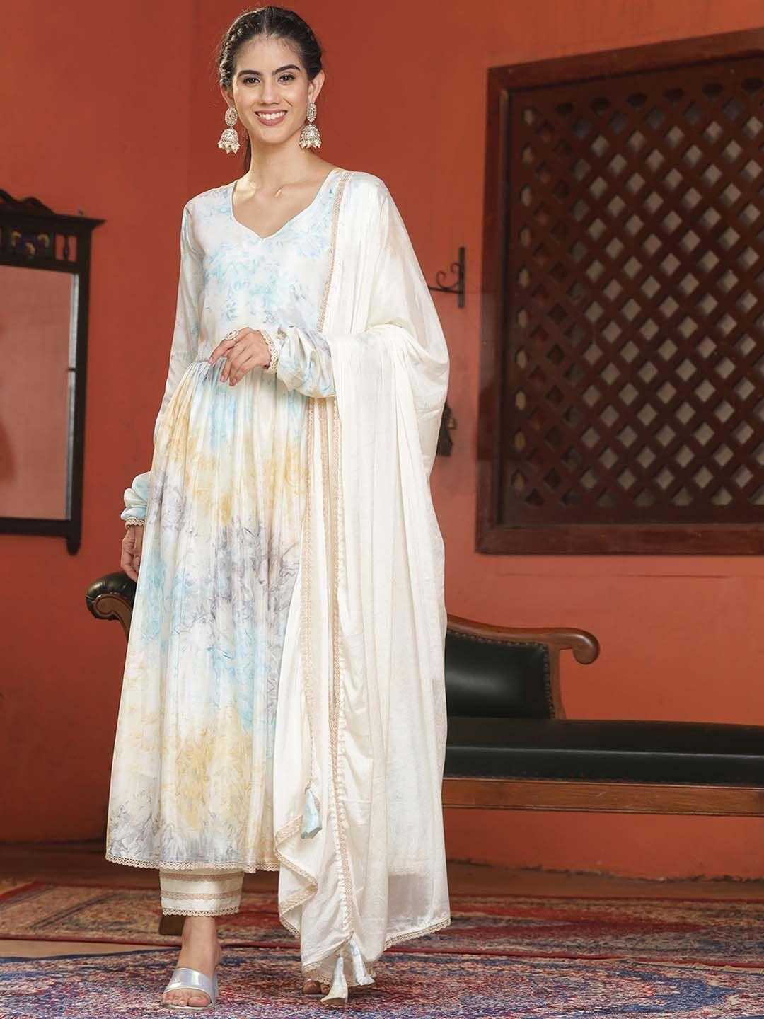 aspora abstract printed pleated anarkali kurta with trouser and dupatta