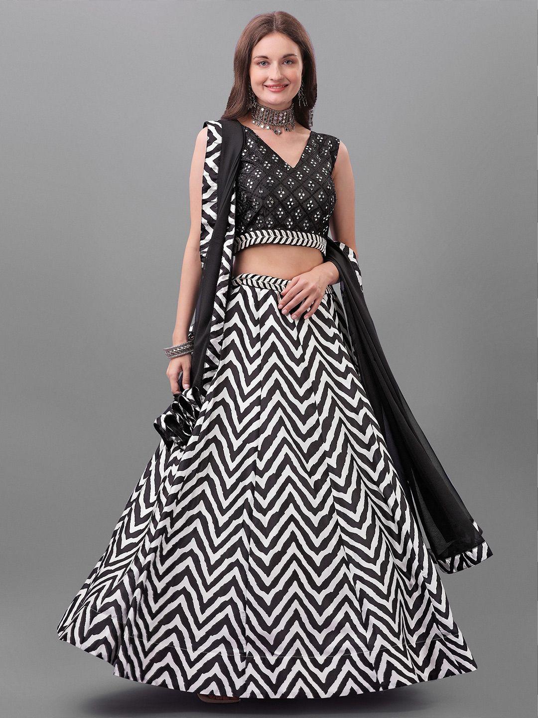 aspora black & white embellished mirror work lehenga & unstitched blouse with dupatta