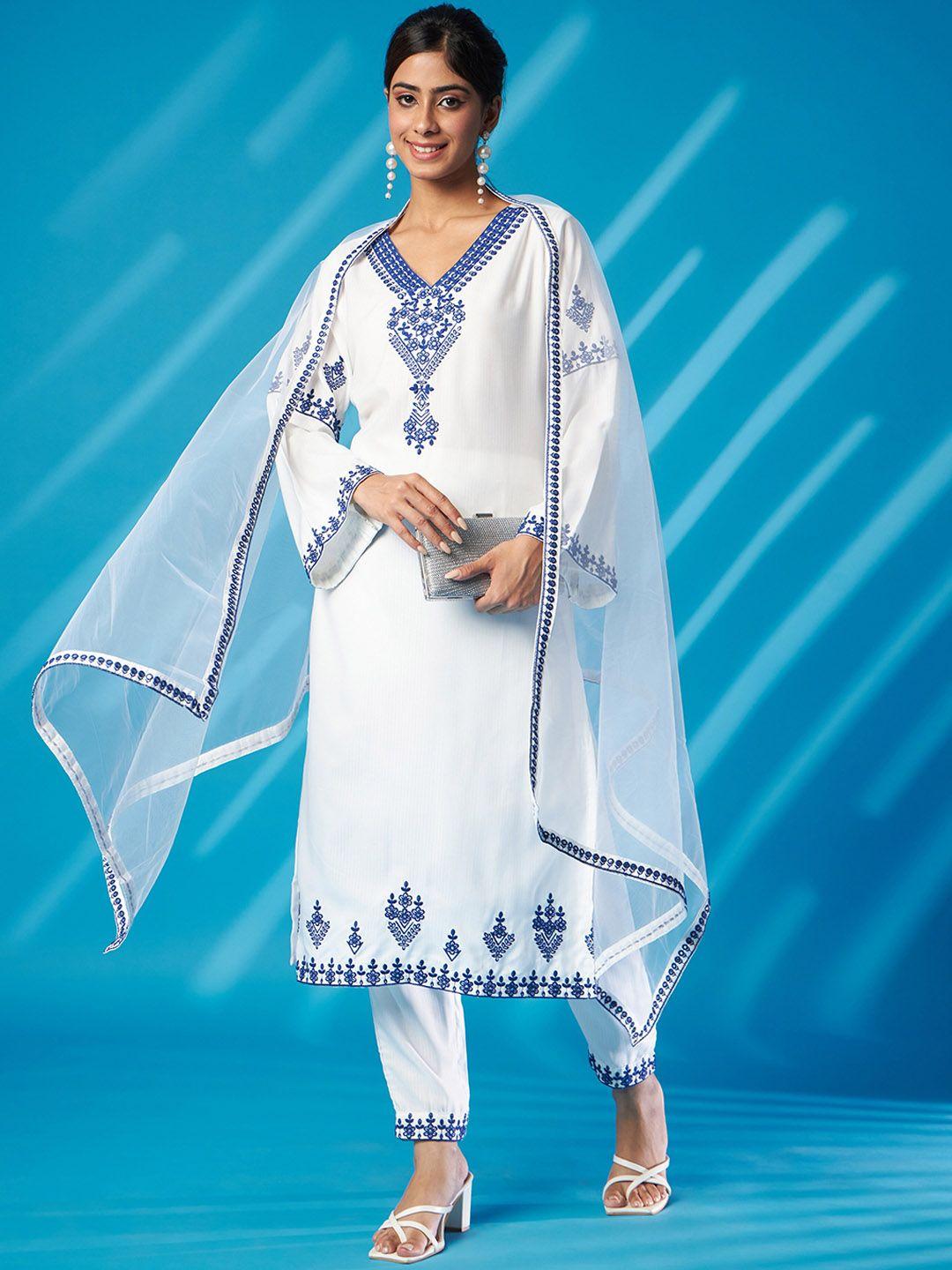 aspora embroidered v-neck mirror work kurta with trousers & dupatta