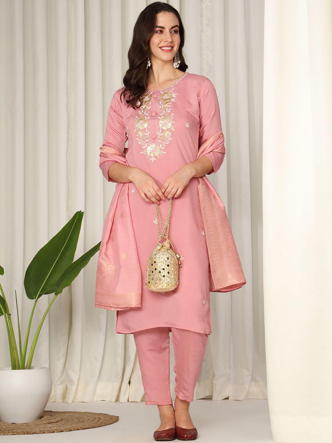 aspora embroidered yoke design chanderi cotton kurta with trousers & dupatta