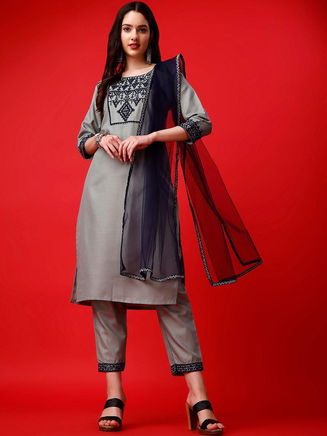 aspora ethnic motif embroidered mirror work kurta with trousers & dupatta