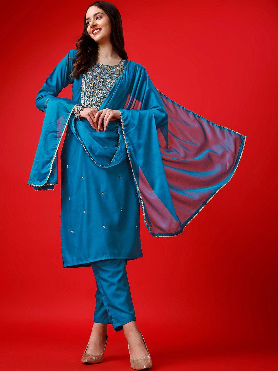 aspora ethnic motifs embroidered regular sequinned kurta with trousers & with dupatta