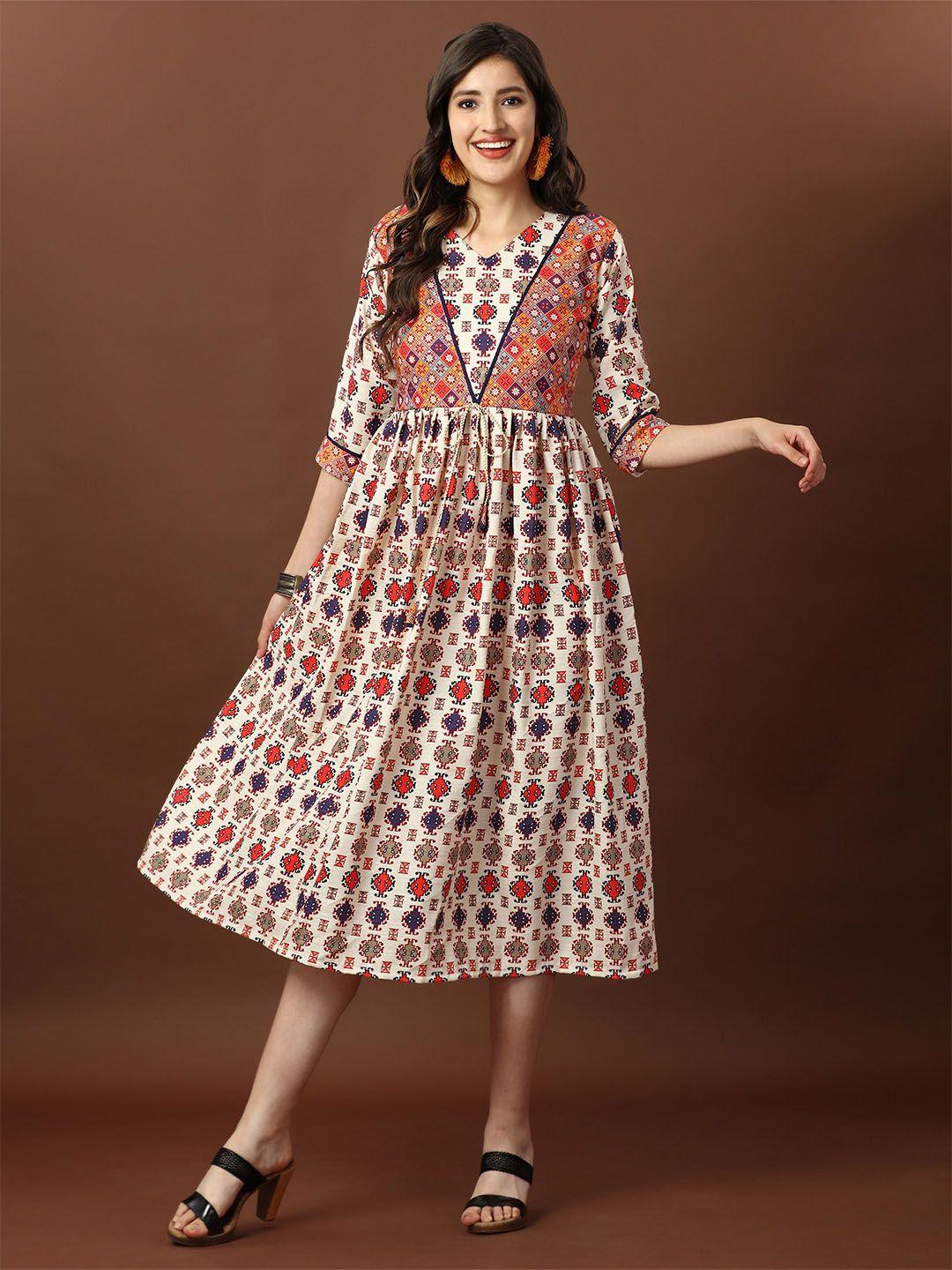 aspora ethnic motifs print fit and flare midi dress