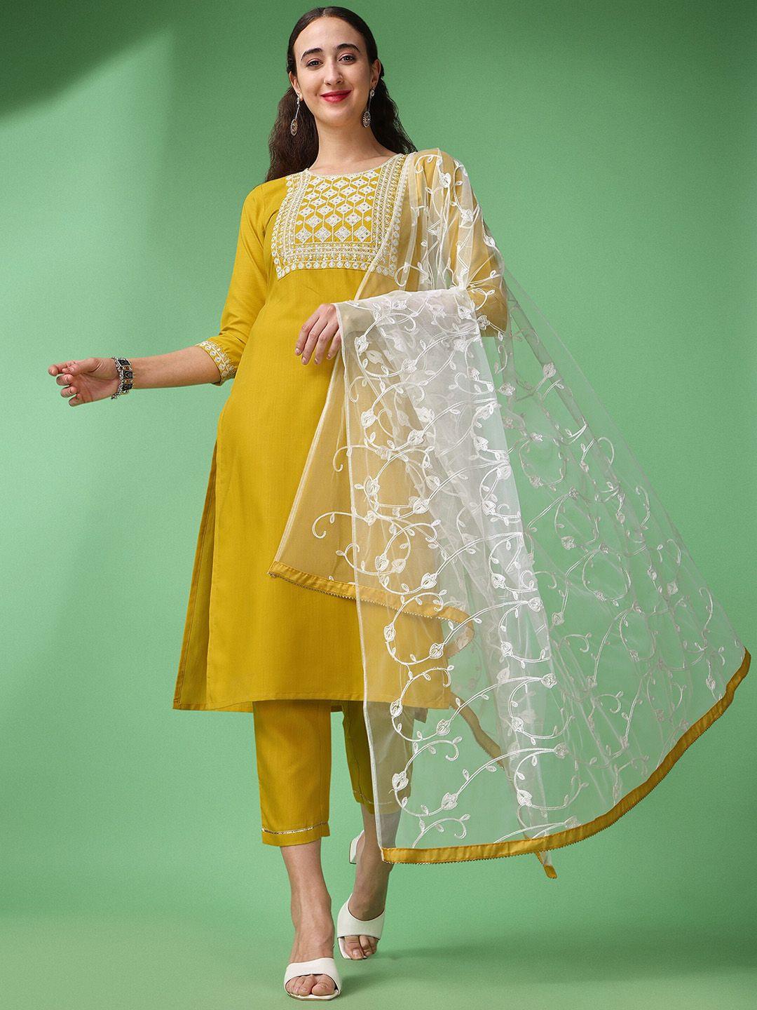 aspora floral embroidered sequinned a-line kurta with trousers & dupatta