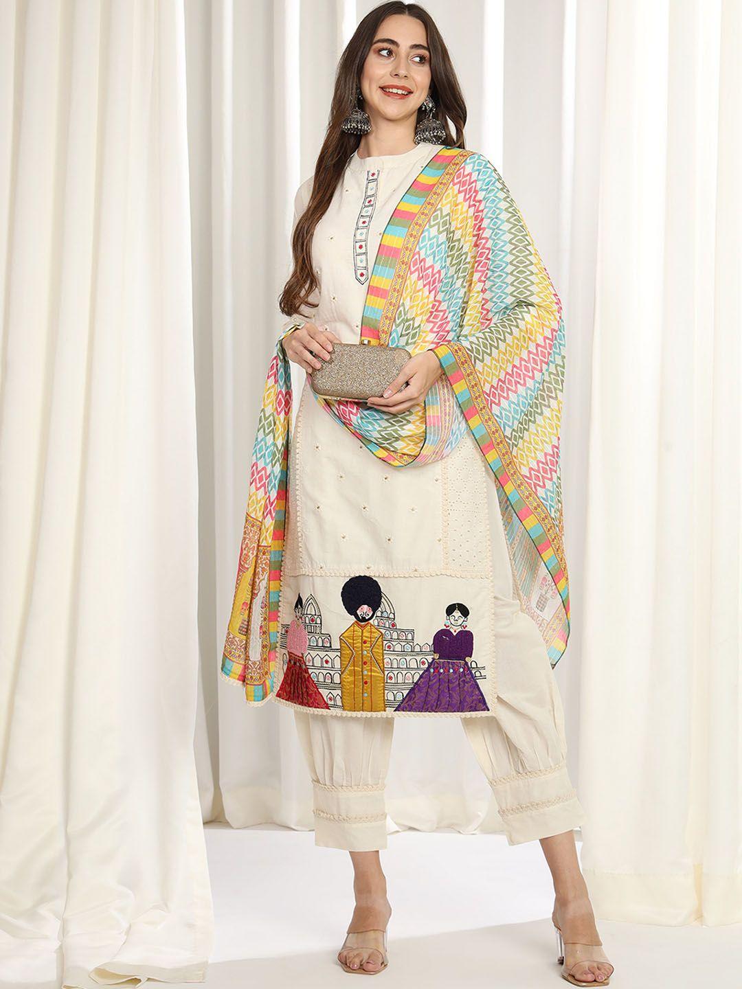 aspora floral embroidered thread work pure cotton kurta & harem pants with dupatta