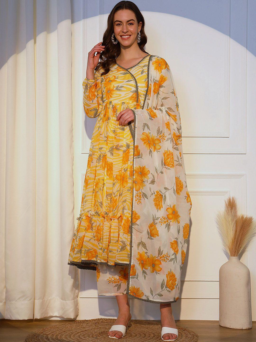 aspora floral printed pleated angrakha kurta with trousers and dupatta