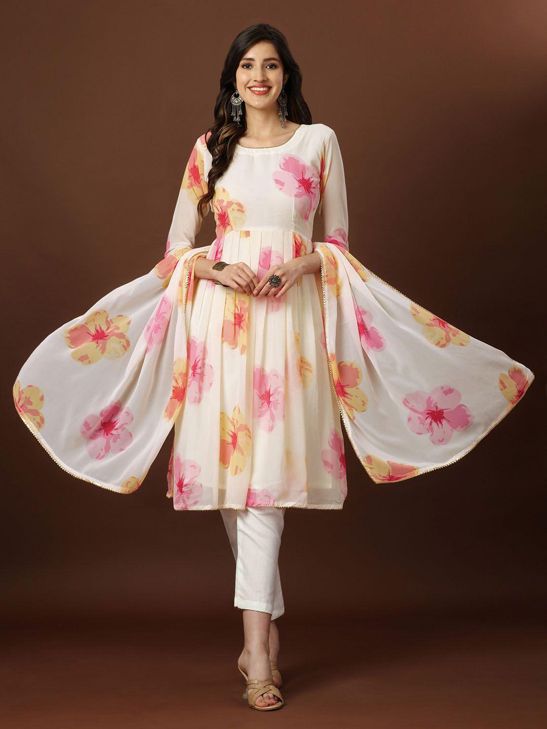 aspora floral printed pleated gotta patti silk georgette kurta with trousers & dupatta