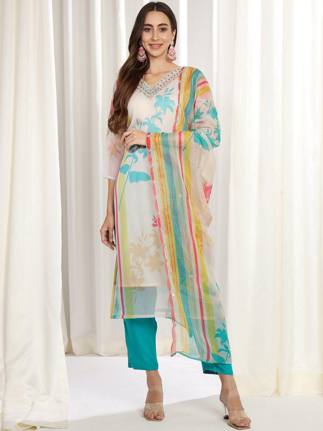 aspora floral printed regular sequinned organza kurta with trousers & dupatta