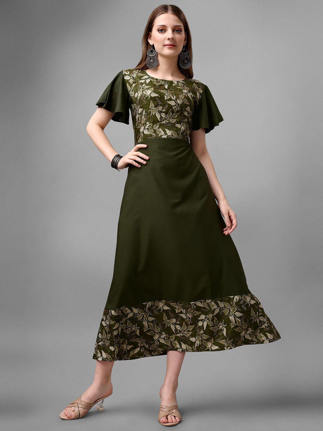 aspora olive green floral print cape sleeve crepe fit & flare midi dress