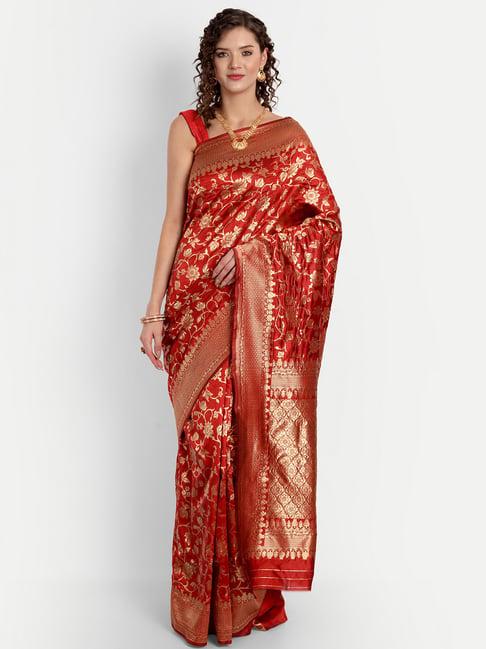 aspora red cotton silk woven saree with unstitched blouse