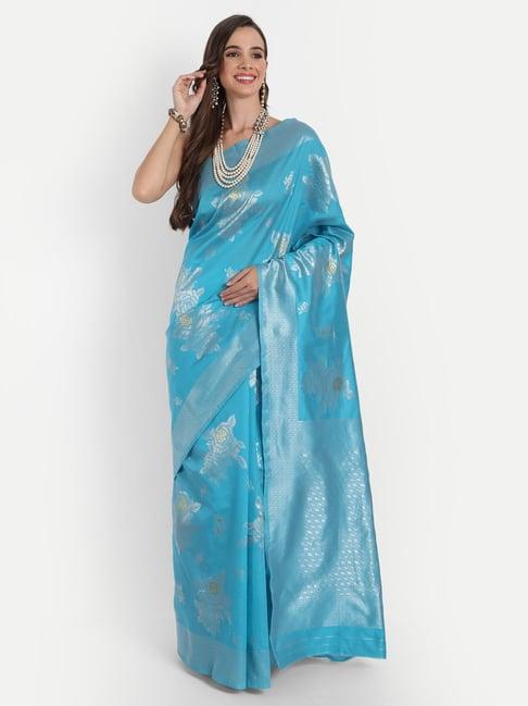 aspora sky blue cotton silk woven saree with unstitched blouse