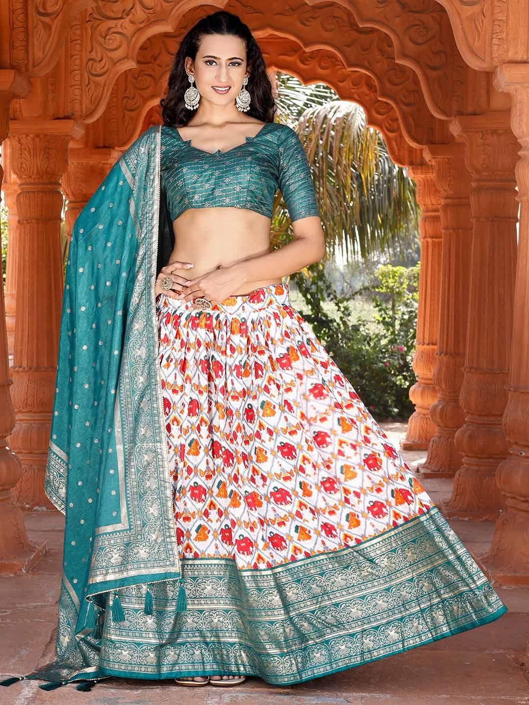 aspora turquoise blue & white printed foil print semi-stitched lehenga & unstitched blouse with dupatta