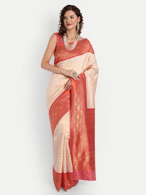 aspora white cotton silk woven saree with unstitched blouse