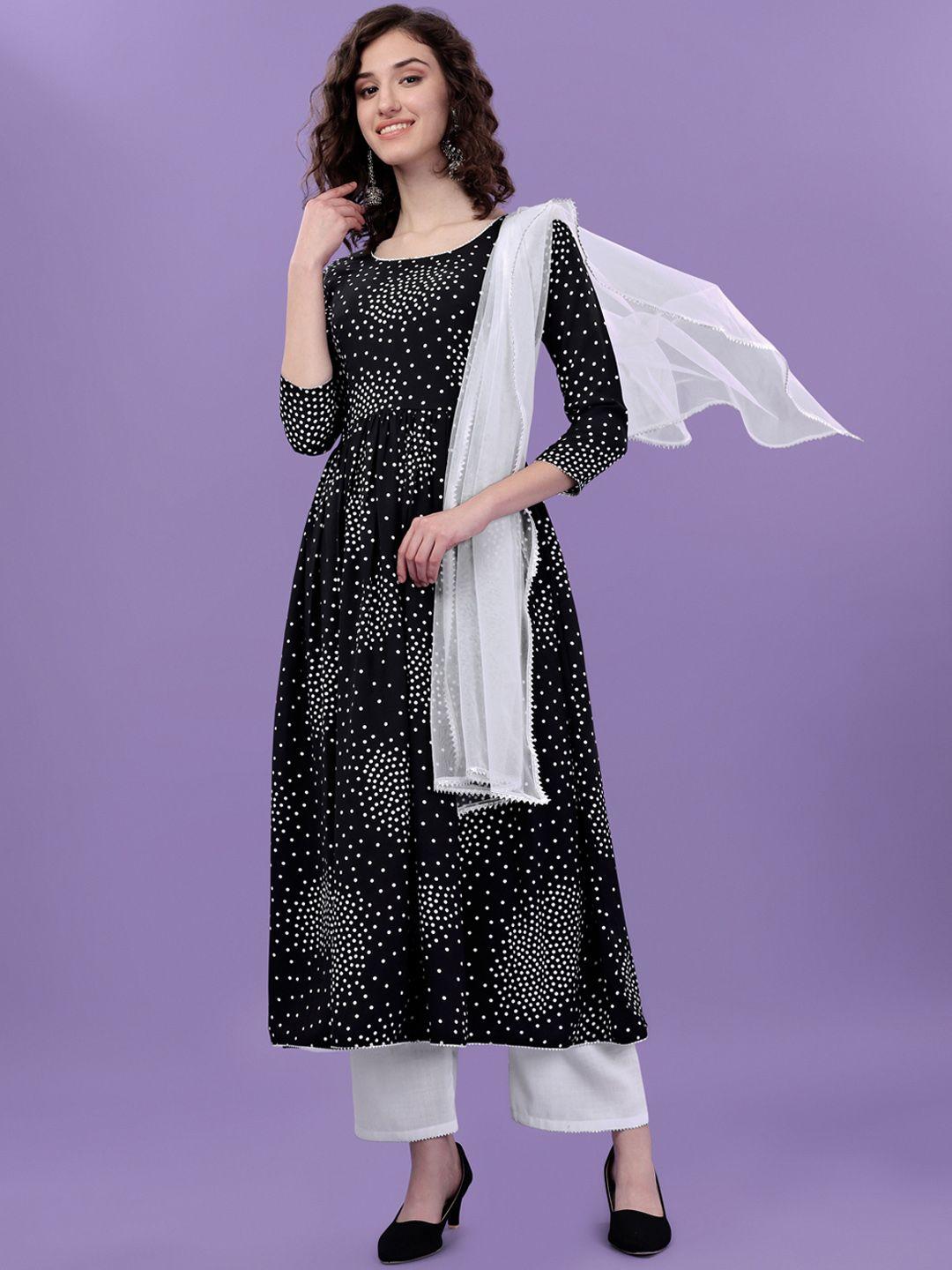 aspora women black printed kurta with palazzos & with dupatta