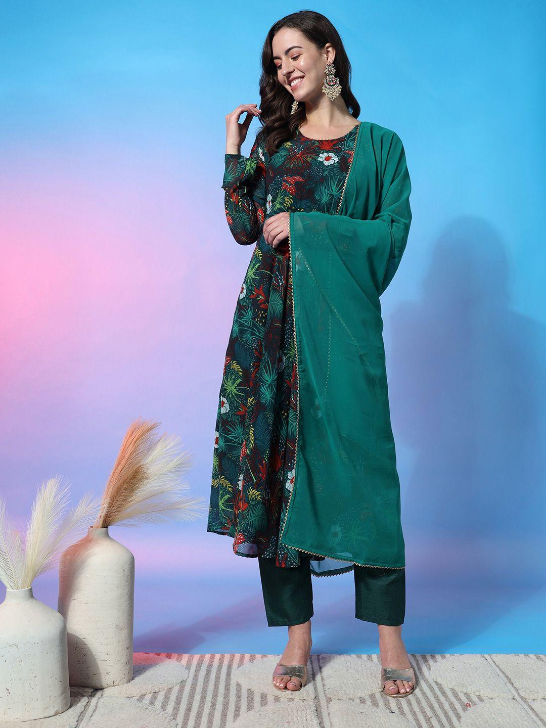 aspora women green floral printed empire gotta patti kurta with trousers & with dupatta