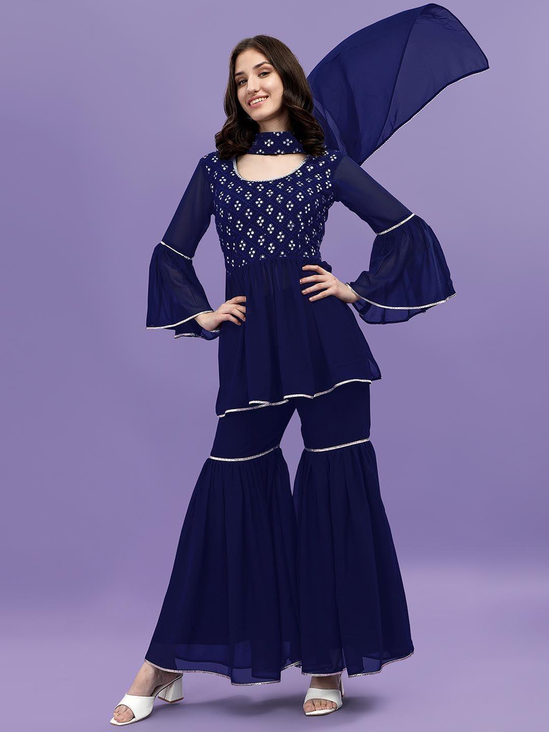 aspora women navy blue floral embroidered empire kurti with sharara & with dupatta