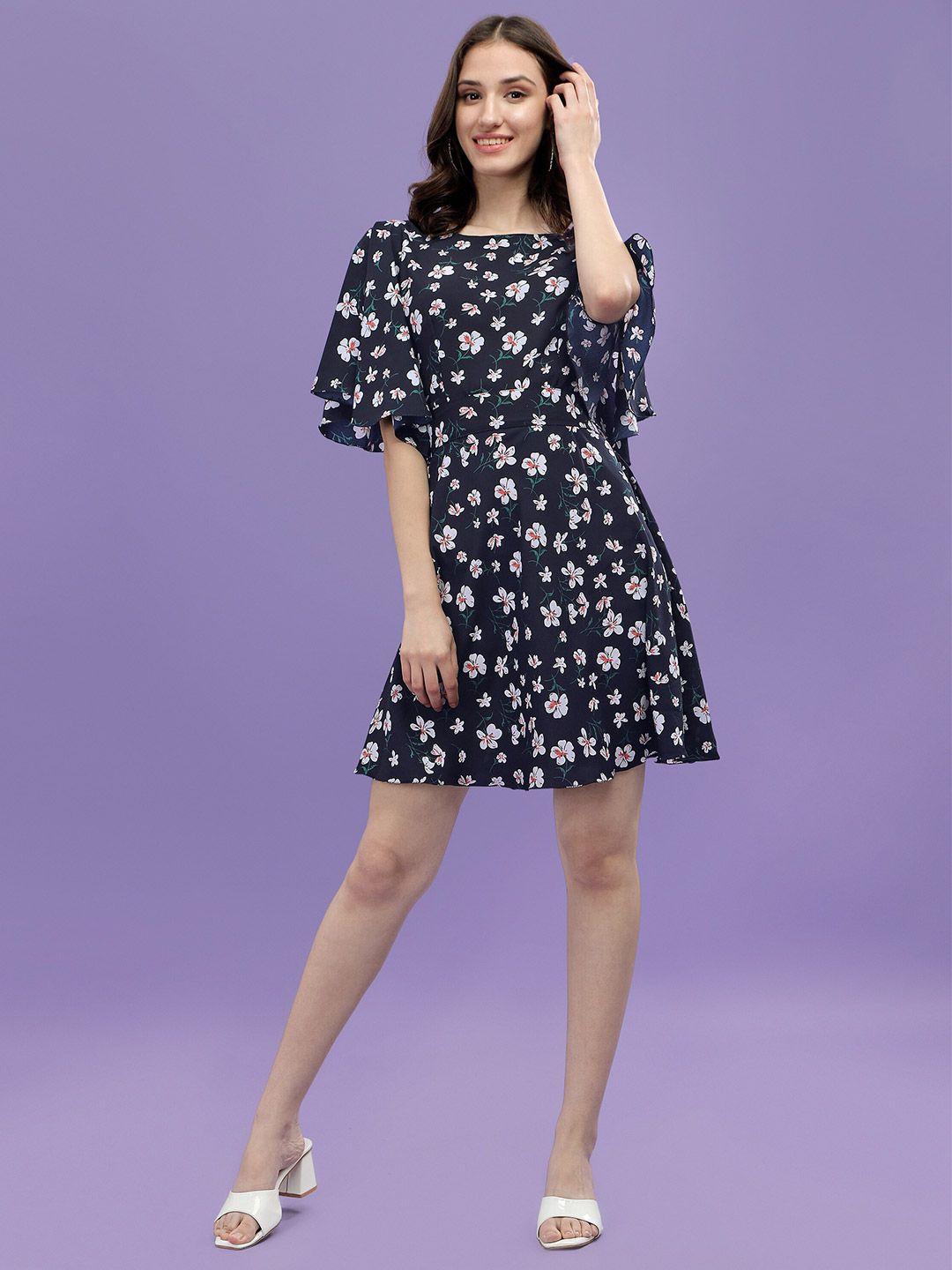 aspora women navy blue floral print a-line dress