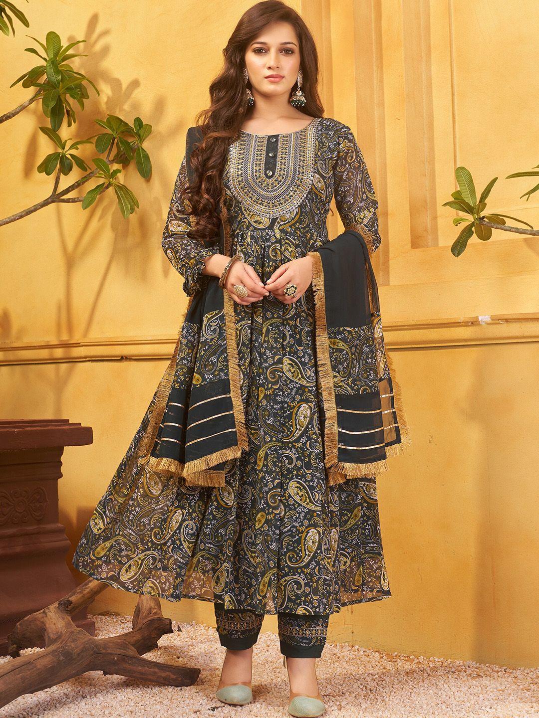 aspora women olive green paisley printed pleated sequinned kurta with trousers & with dupatta