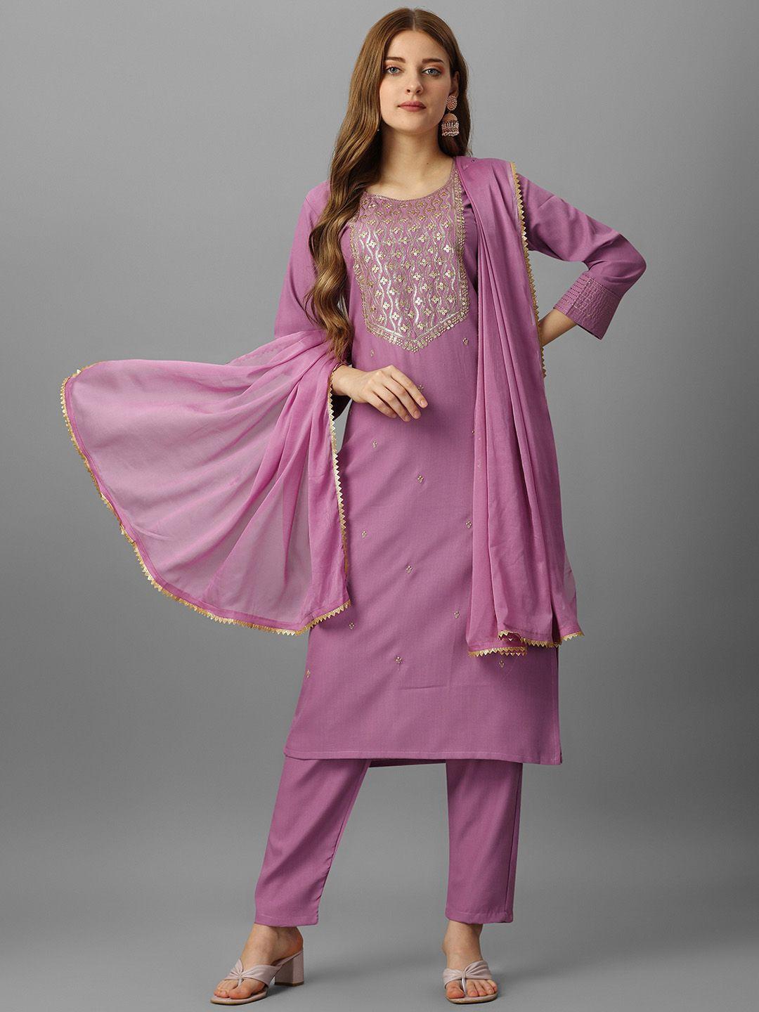 aspora women pink ethnic motifs yoke design regular sequinned kurta with trousers & with dupatta