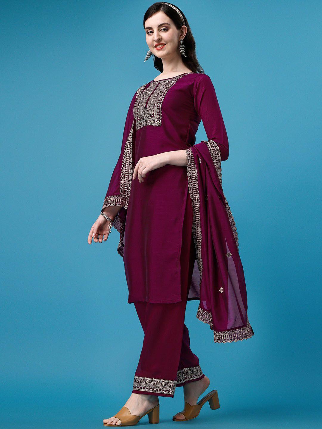 aspora women purple ethnic motifs yoke design regular thread work kurta with palazzos & with dupatta