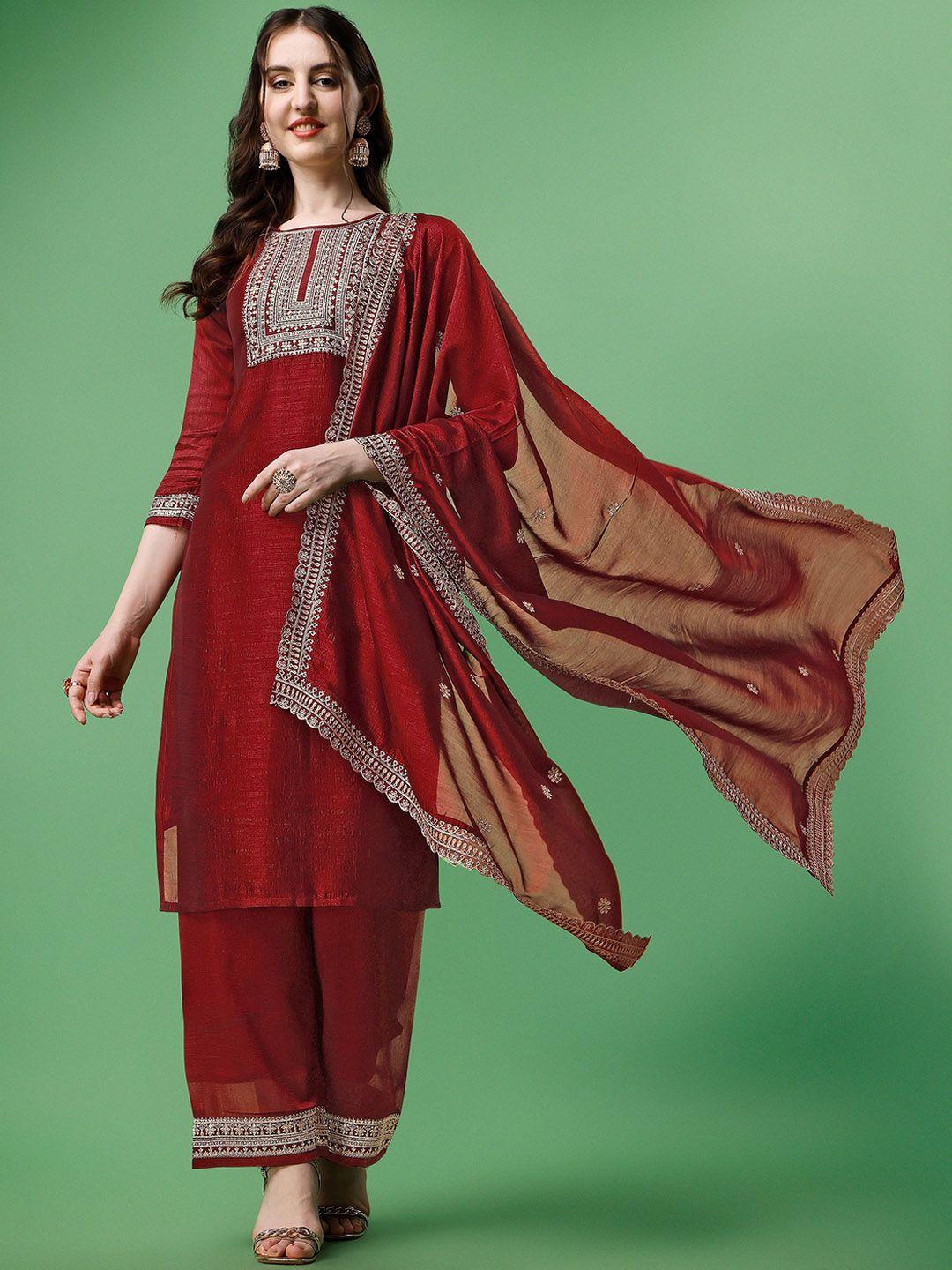 aspora women red ethnic motifs embroidered regular kurta with palazzos & with dupatta