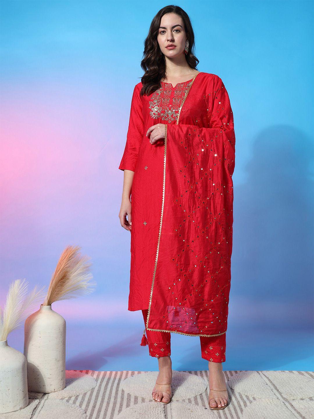 aspora women red floral embroidered regular sequinned kurta with trousers & with dupatta