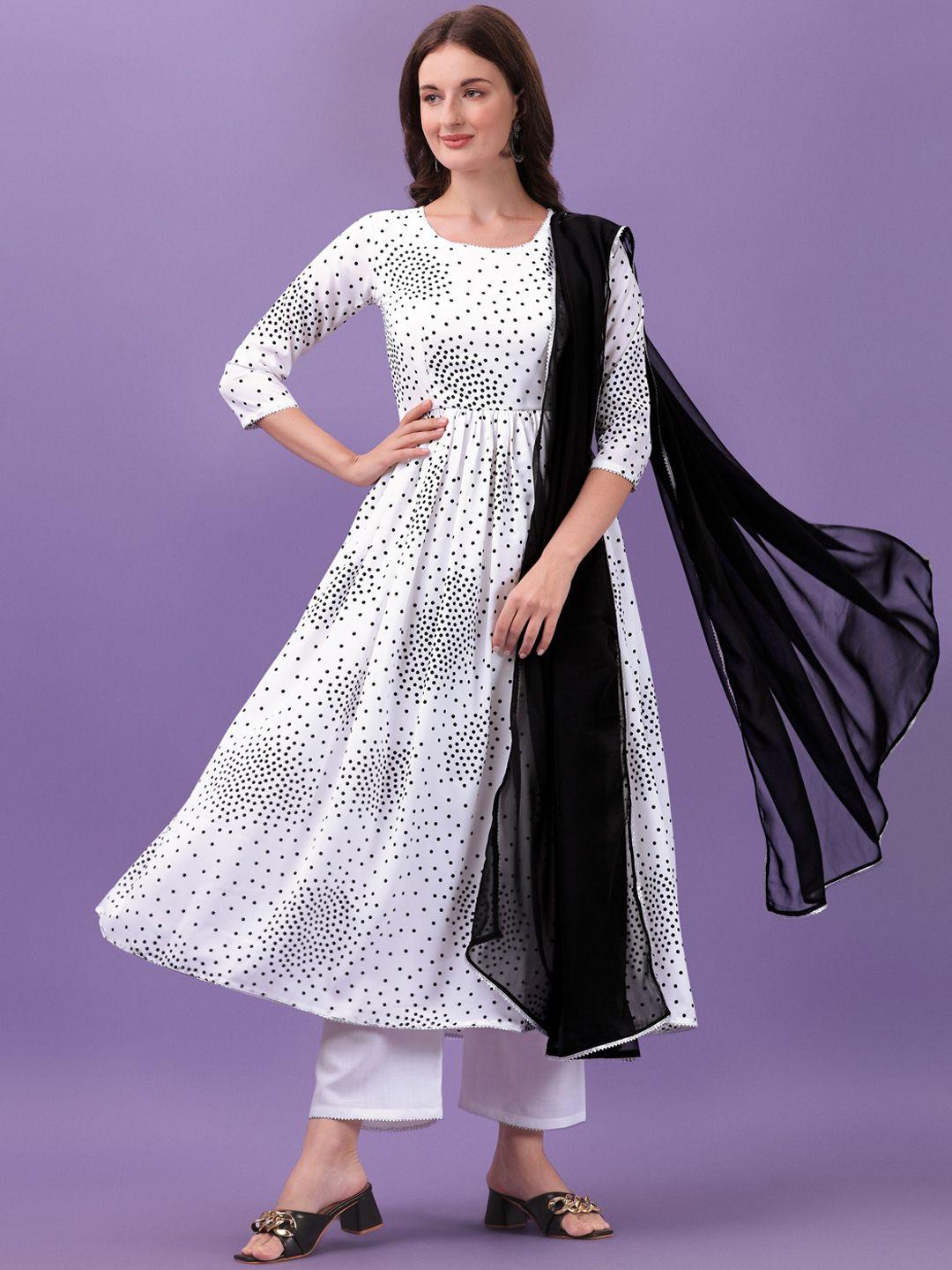 aspora women white printed pleated kurta with trousers & with dupatta