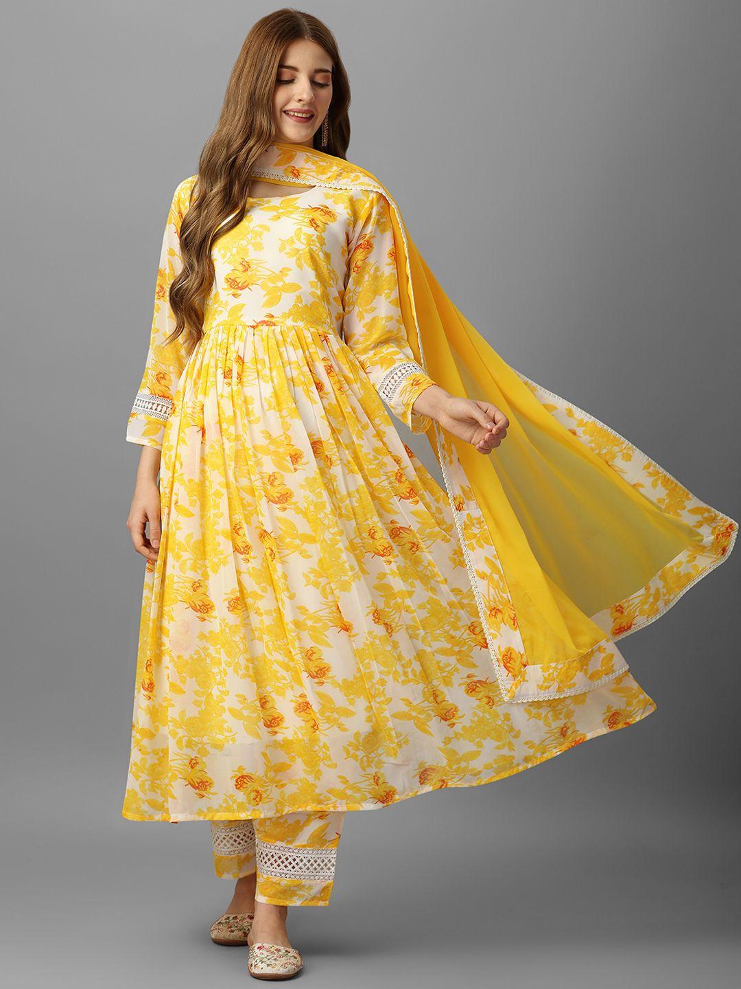 aspora women yellow floral printed empire kurta with palazzos & with dupatta