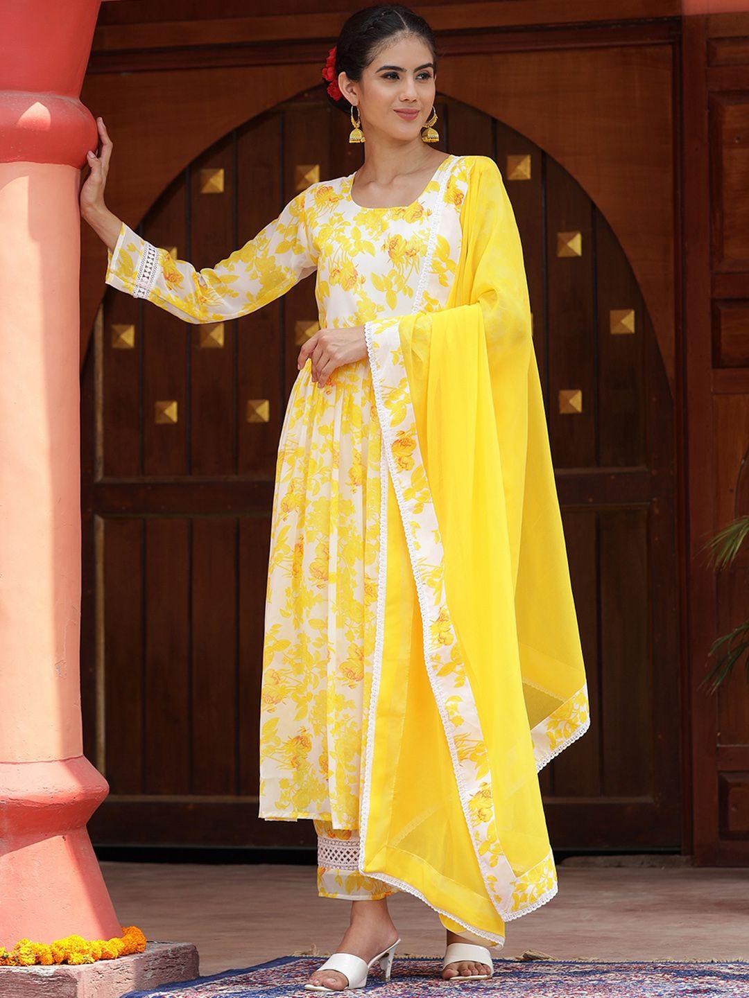 aspora women yellow floral printed pleated kurta with palazzos & with dupatta