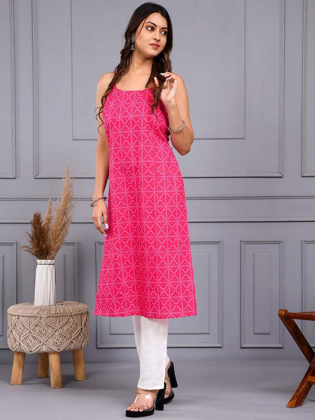 aspriya geometric printed round neck sleeveless cotton straight kurta