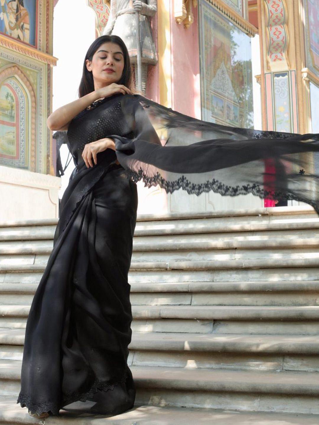 asrumo black ethnic motifs embroidered organza saree