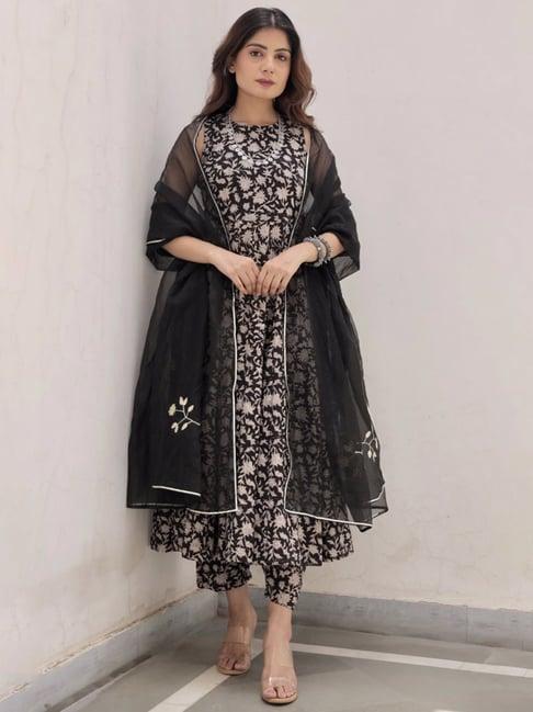 asrumo black sukoon summer jaal handblock cotton anarkali kurta with pant and organza gota work dupatta set