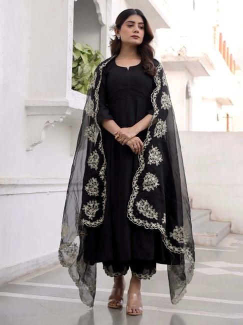 asrumo black sukoon summer muslin three anarkali kurta with palazzo and zari work organza dupatta set