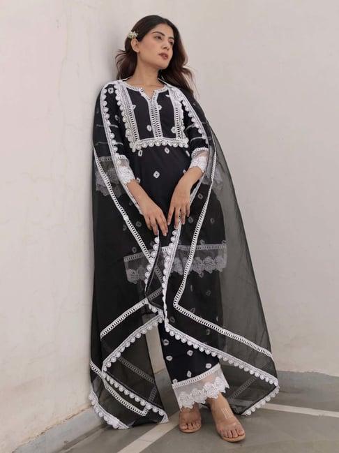 asrumo black sukoon summer tie and dye cotton straight kurta with palazzo and dupatta