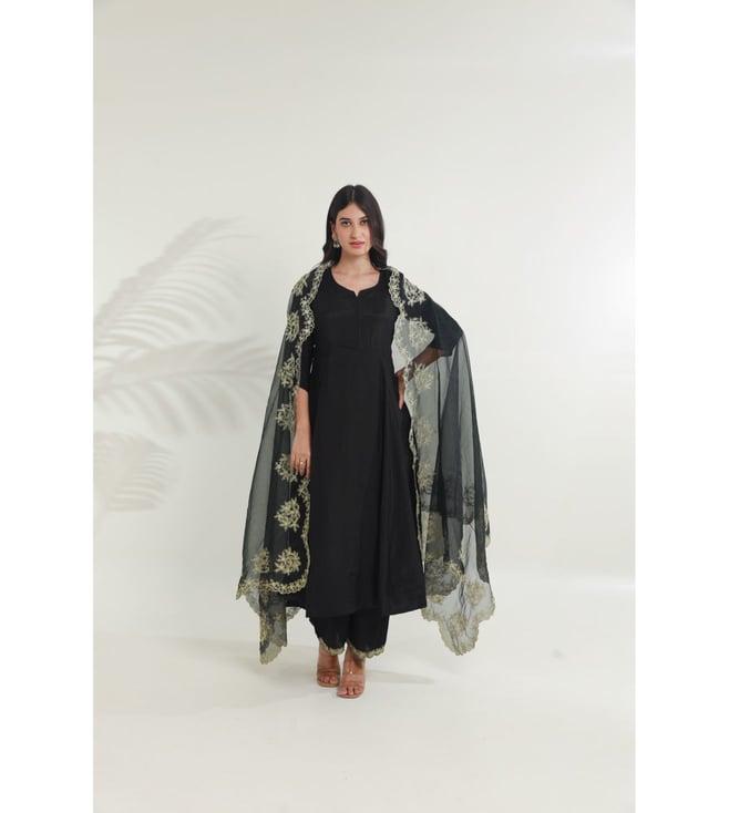 asrumo black tara chanderi heavy aari embroidery three kali kurta with pant and dupatta