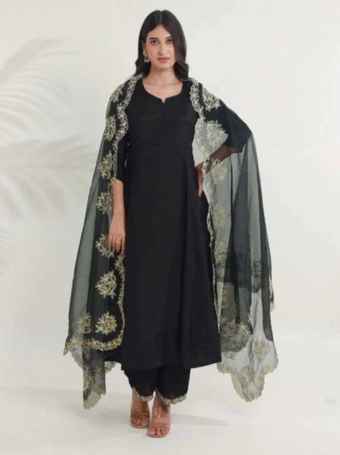asrumo black tara chanderi heavy aari embroidery three kali kurta with pant and dupatta