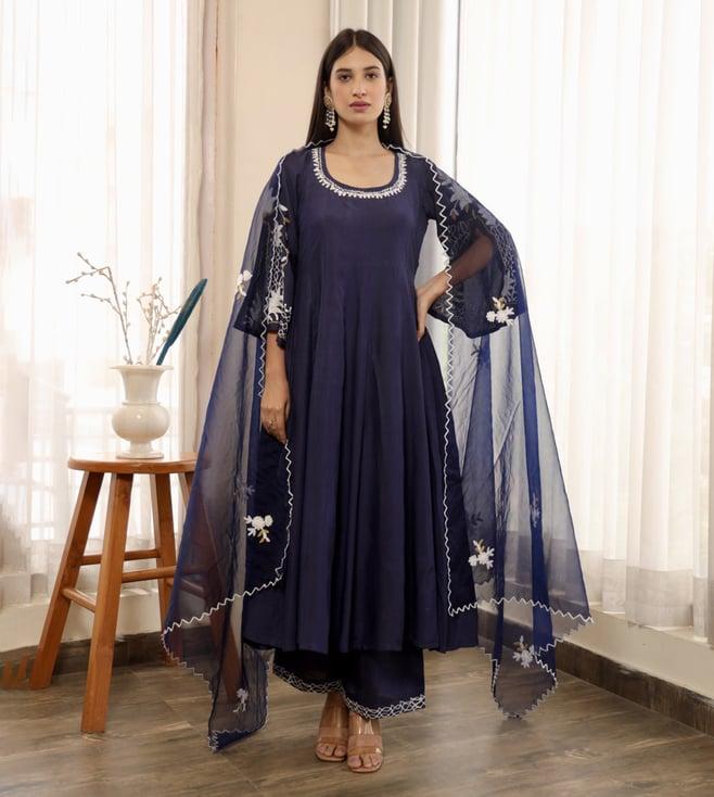 asrumo blue adah monsoon aari embroidered anarkali kurta with pant and dupatta