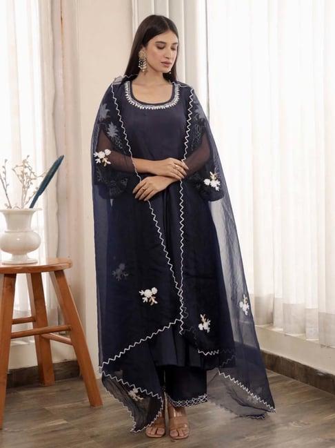 asrumo blue adah monsoon aari embroidered anarkali kurta with pant and dupatta