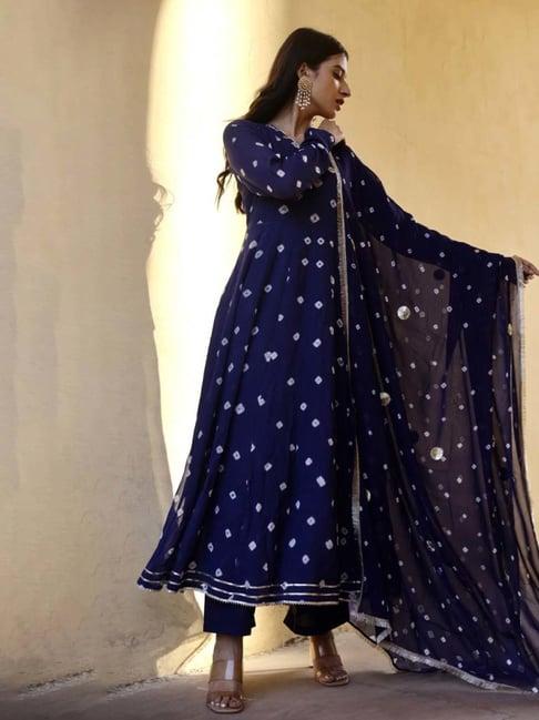 asrumo blue handcrafted bhandhej anarkali