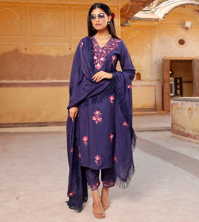 asrumo dark blue aari embroidery straight set