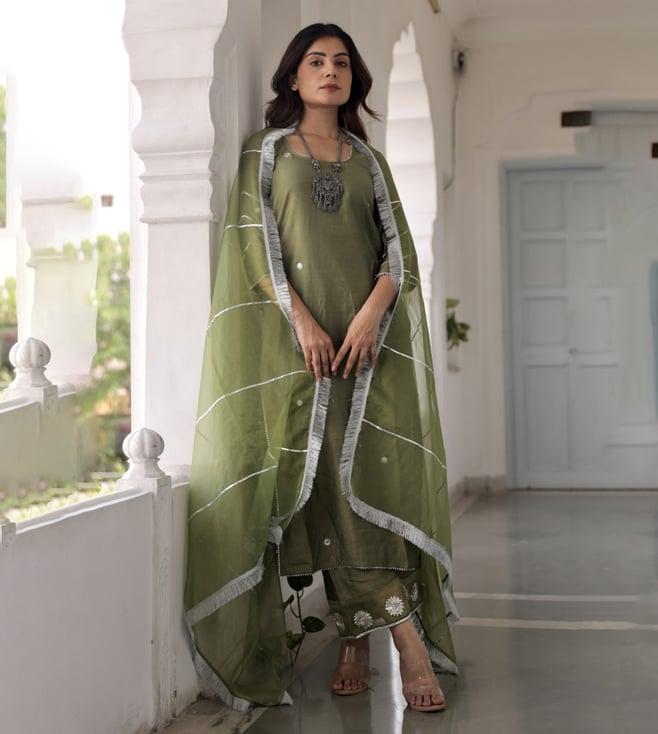 asrumo green sukoon summer mirror gota patti work straight kurta with pant and dupatta set