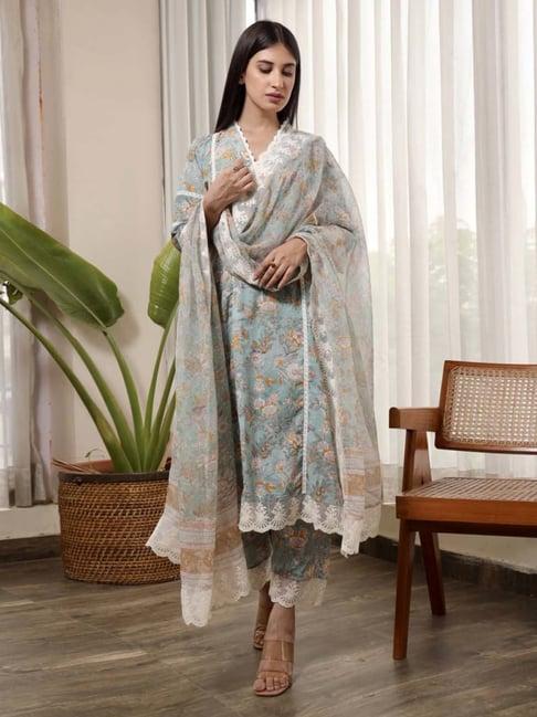 asrumo grey adah monsoon flower jaal handblock cotton straight kurta with pant and dupatta set