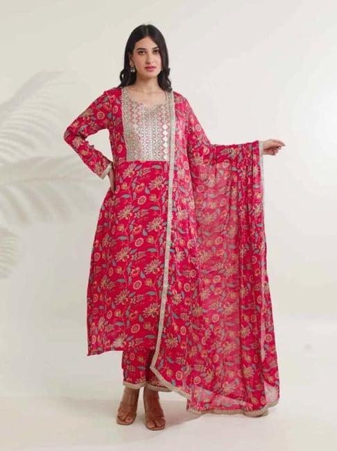 asrumo magenta pink tara floral digital print viscose chinon kurta with pant and dupatta