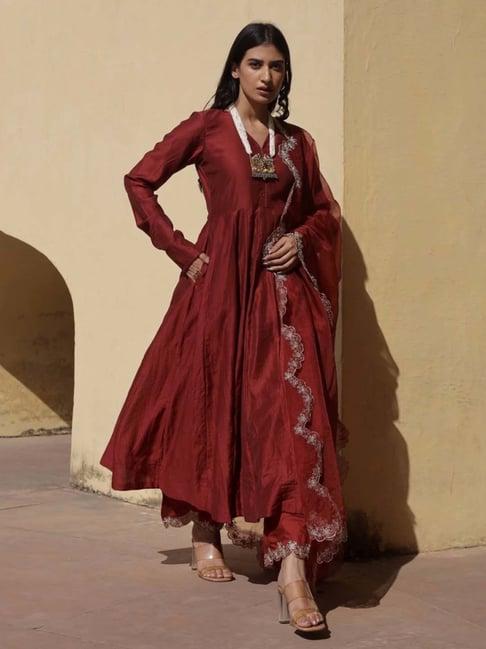 asrumo maroon zari work chanderi anarkali set