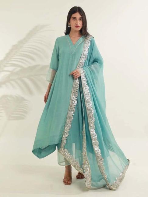 asrumo mint green tara chanderi straight kurta with pant and dupatta