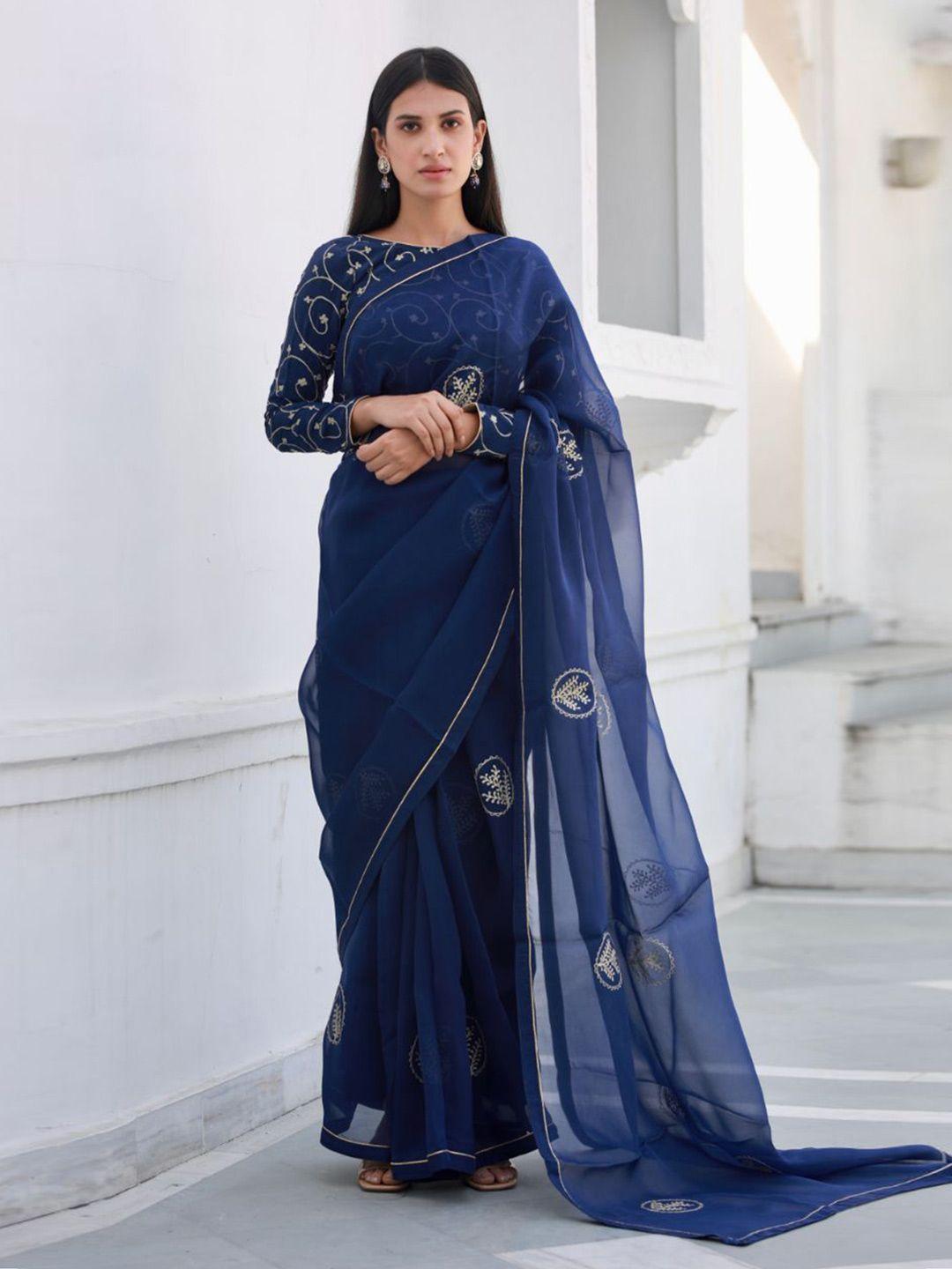 asrumo navy blue & white floral embroidered organza saree