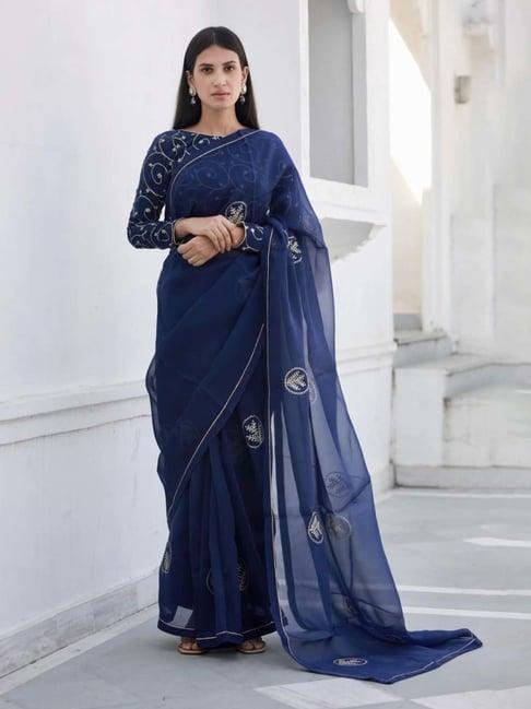 asrumo navy blue sukoon summer shreeja silk organza saree with unstitched blouse