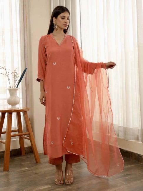 asrumo orange adah monsoon chand embellished muslin straight kurta with pant and dupatta set